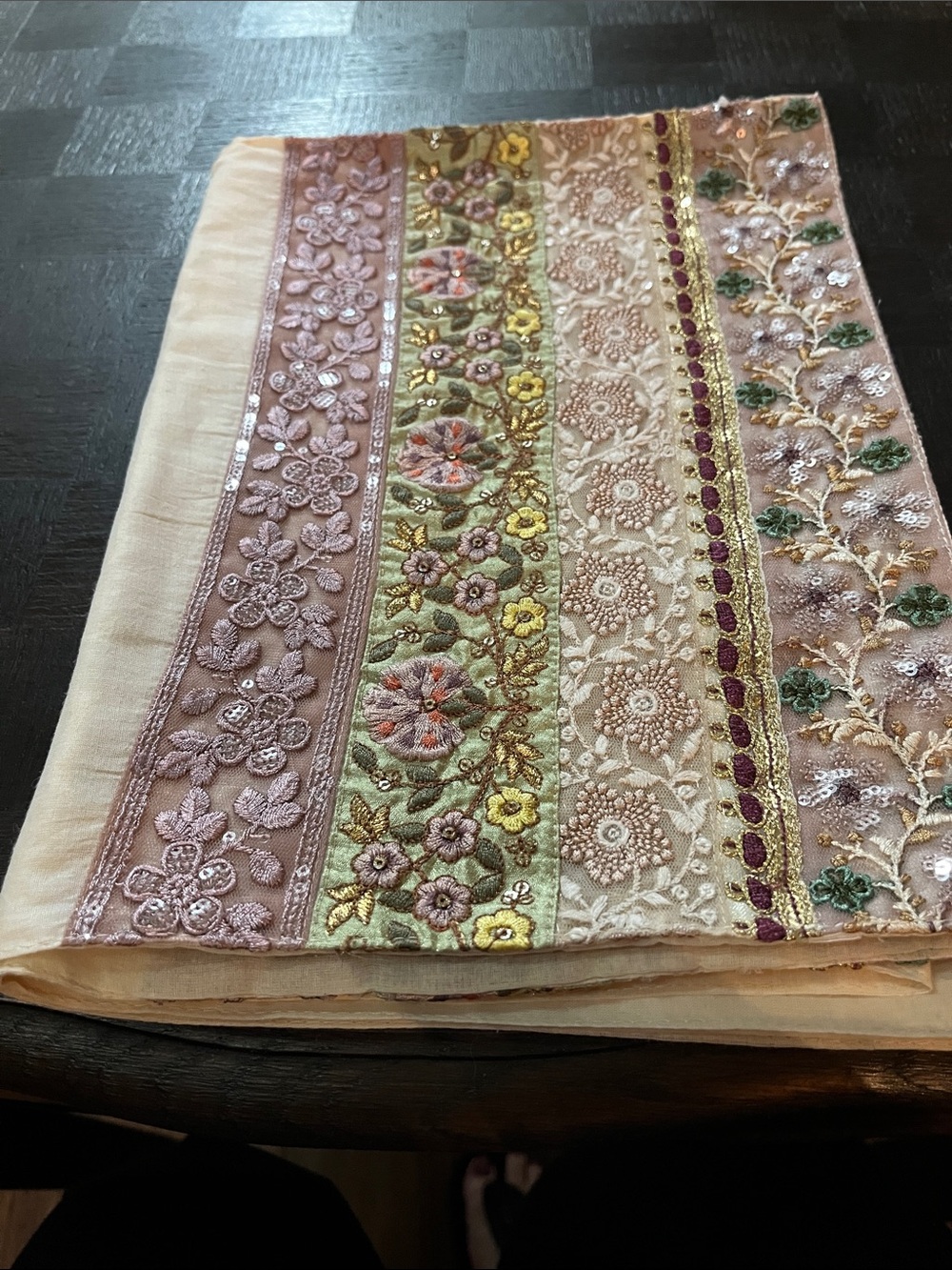 April Cornell Embroidered Floral Runner in Lavender, Green, Gold and Cream